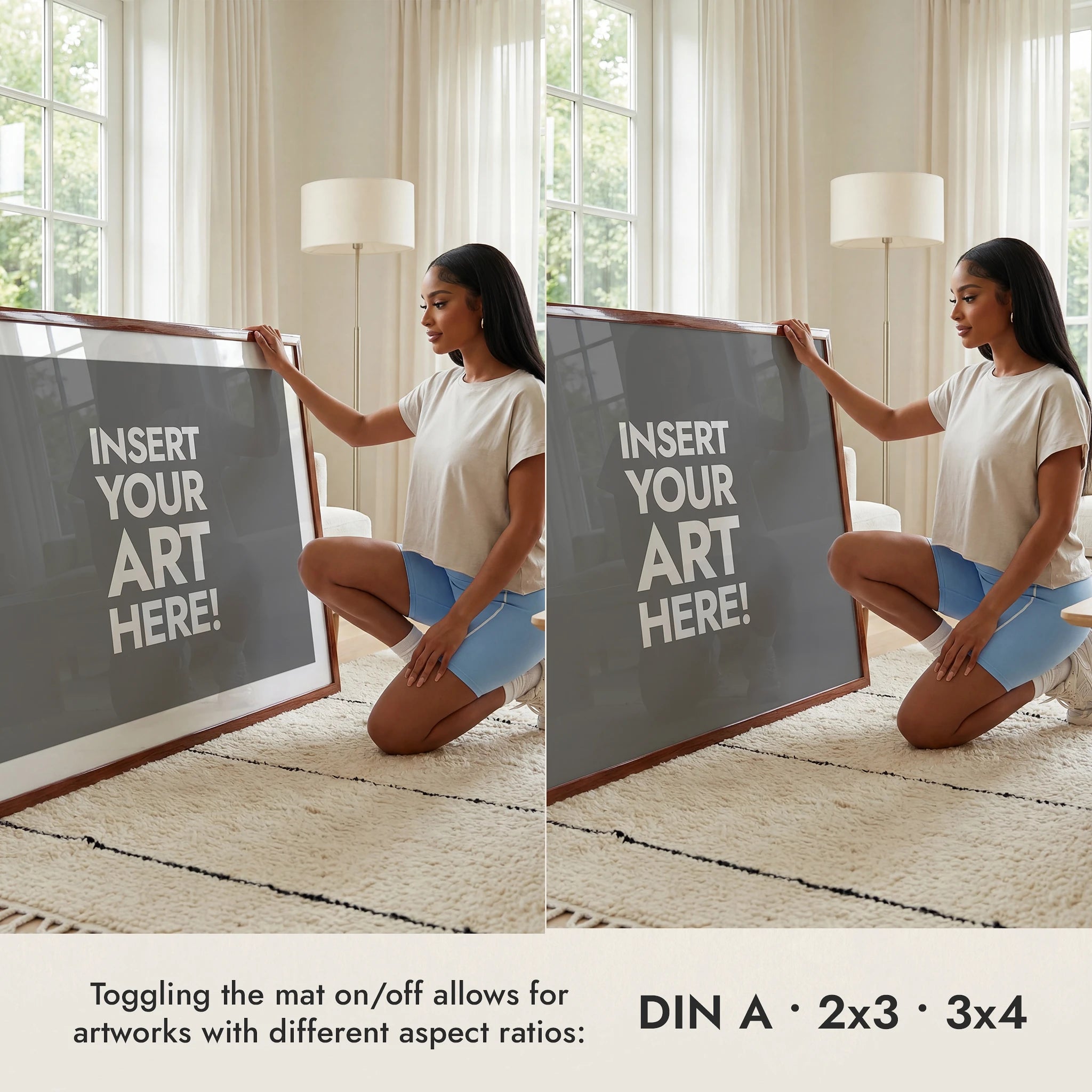 Woman With a Very Large Horizontal Framed Artwork Mockup
